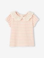 T-shirt às riscas, com gola em bordado inglês, para bebé menina rosa 