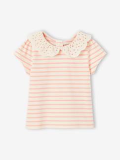 Bebé 0-36 meses-T-shirts-T-shirts-T-shirt às riscas, com gola em bordado inglês, para bebé menina