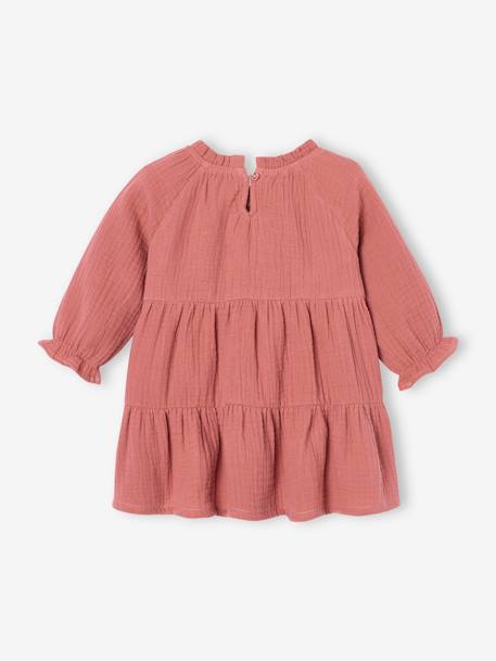 Vestido com folhos, em gaze de algodão, para menina rosa-velho+verde-salva 