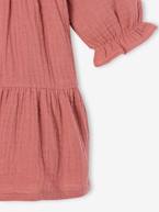 Vestido com folhos, em gaze de algodão, para menina rosa-velho+verde-salva 