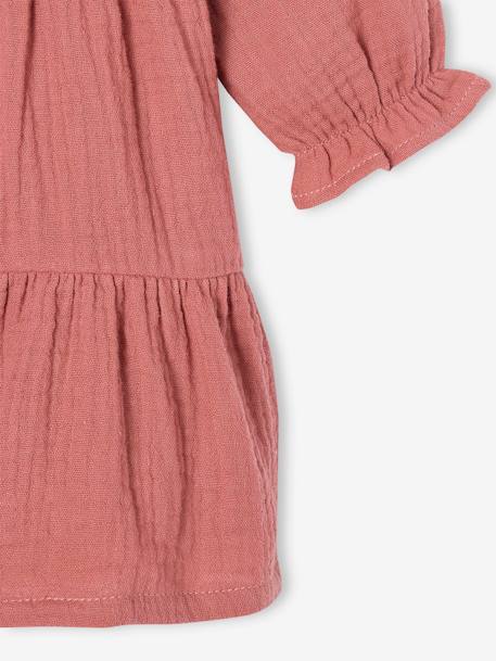 Vestido com folhos, em gaze de algodão, para menina rosa-velho+verde-salva 