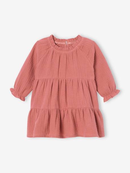 Vestido com folhos, em gaze de algodão, para menina rosa-velho+verde-salva 