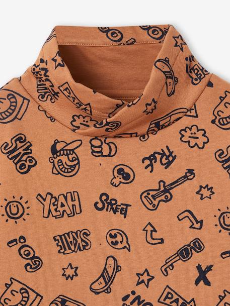 Sweat estampada com gola snood, para menino azul-noite+noz pecã 