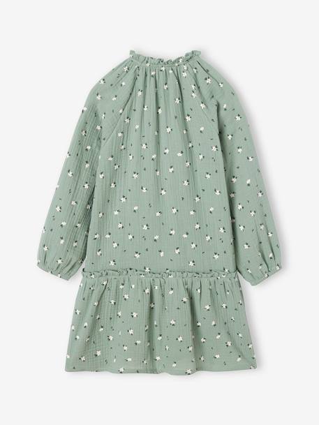 Vestido às flores, em gaze de algodão, para menina antracite+verde-acinzentado 