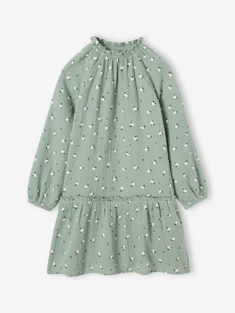 Vestido às flores, em gaze de algodão, para menina antracite+verde-acinzentado 