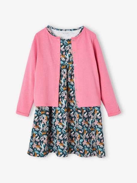 Conjunto casaco e vestido estampado às flores, para menina mostarda+rosa+verde-esmeralda 