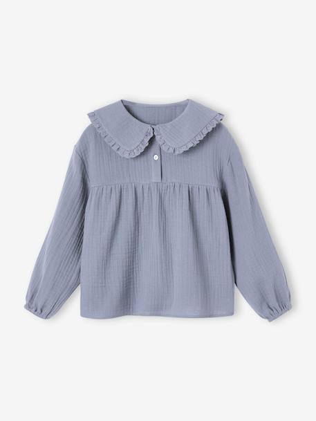 Blusa em gaze, gola Claudine fantasia, para menina azul-acinzentado+rosa-velho 