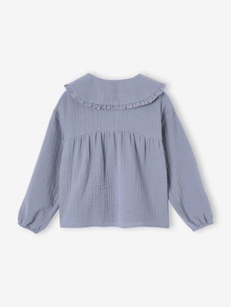 Blusa em gaze, gola Claudine fantasia, para menina azul-acinzentado+rosa-velho 