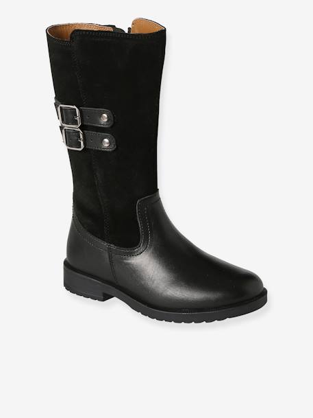 Botas à cavaleiro, em pele, com fecho, para menina preto 