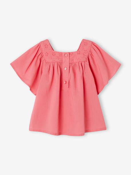 Blusa com decote quadrado, em bordado inglês, para bebé cru+rosa-framboesa+verde-salva 