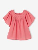 Blusa com decote quadrado, em bordado inglês, para bebé cru+rosa-framboesa+verde-salva 