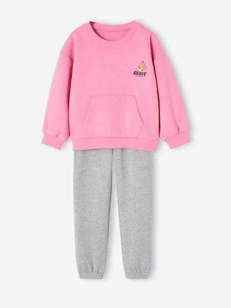 Conjunto de desporto, sweat + calças, em moletão, para menina rosa-bombom 