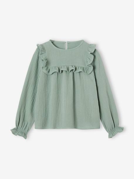 Blusa com folho, em gaze de algodão, para menina cru+rosa-blush+verde-acinzentado 