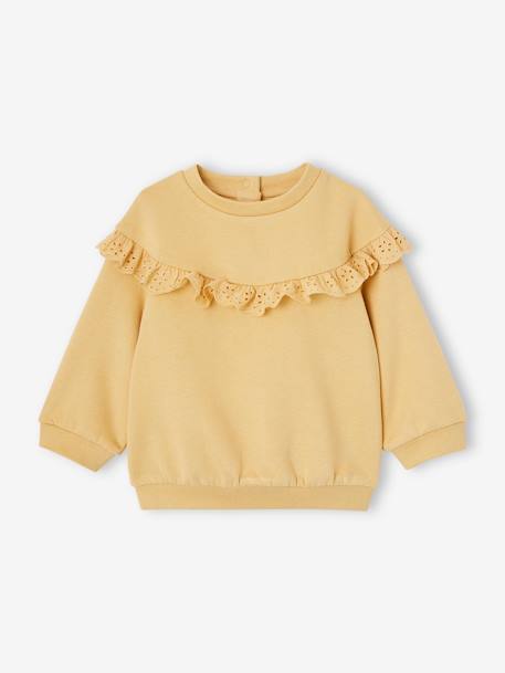 Sweat-shirt com folho em bordado inglês, para bebé menina ocre+rosa-velho 