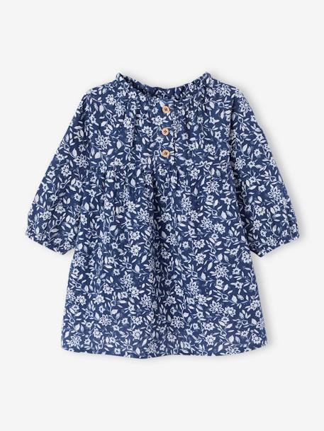 Vestido às flores, em gaze de algodão, para bebé menina azul-ganga 