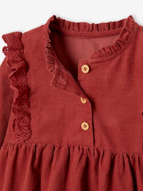 Vestido em bombazina, com folhos em bordado inglês, para bebé menina terracota 