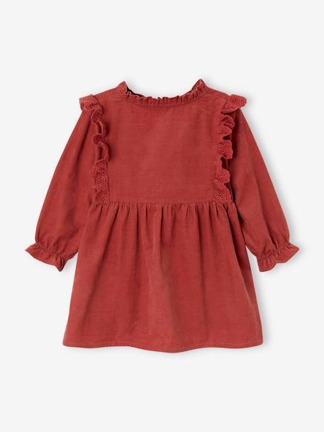 Vestido em bombazina, com folhos em bordado inglês, para bebé menina terracota 