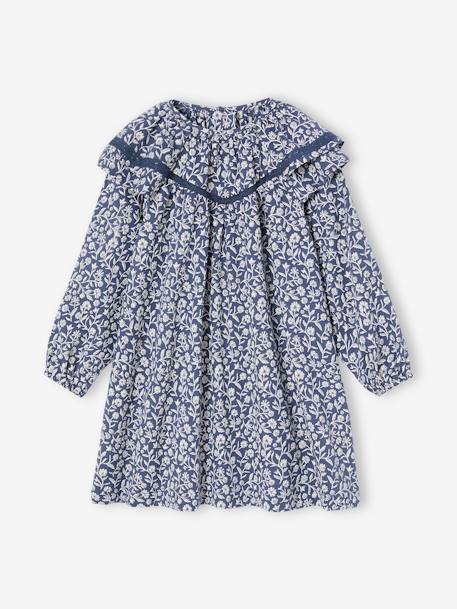 Vestido com gola com folho, estampado às flores, para menina azul estampado 