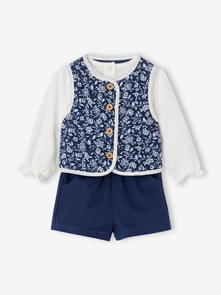 Conjunto camisola + colete às flores + calções, para bebé menina azul-ganga 