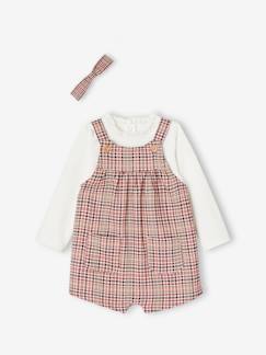 Bebé 0-36 meses-Conjunto jardineiras curtas aos quadrados + camisola e fita para o cabelo, para bebé menina