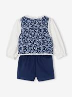 Conjunto camisola + colete às flores + calções, para bebé menina azul-ganga 