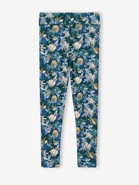 Leggings de desporto, em matéria técnica, flores exóticas, para menina verde estampado 