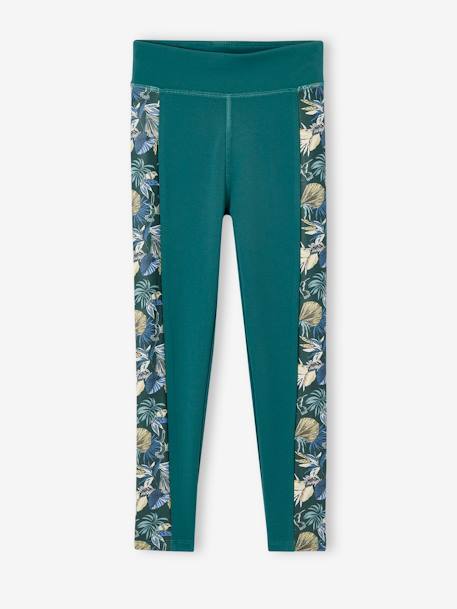 Leggings de desporto, em matéria técnica, barra dos lados com flores exóticas, para menina verde-esmeralda 