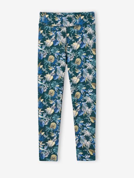 Leggings de desporto, em matéria técnica, flores exóticas, para menina verde estampado 