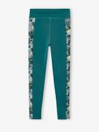 Leggings de desporto, em matéria técnica, barra dos lados com flores exóticas, para menina verde-esmeralda 