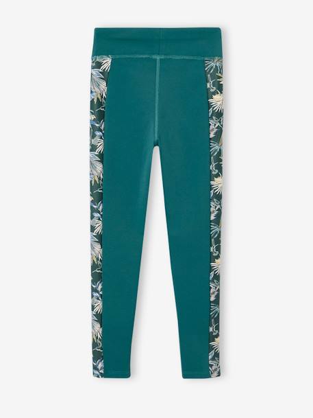 Leggings de desporto, em matéria técnica, barra dos lados com flores exóticas, para menina verde-esmeralda 