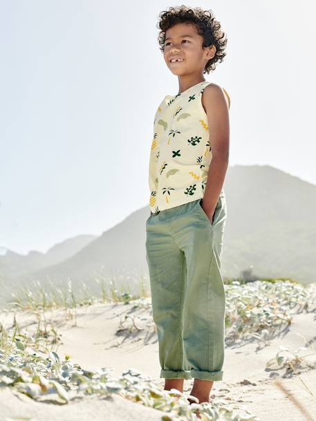 Calças leves, em algodão/linho, para menino avelã+verde-salva 