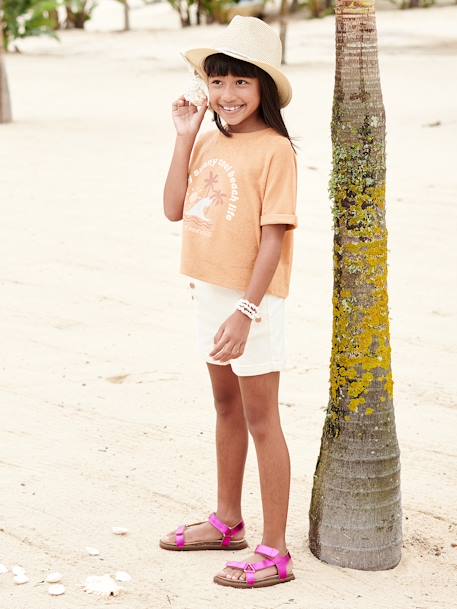 T-shirt em turco, com palmeiras, para menina bege-argila 