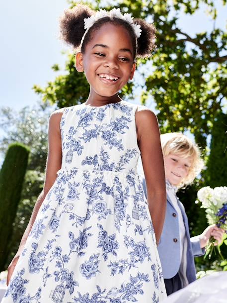 Vestido de cerimónia, às flores, laço atrás, para menina cru 