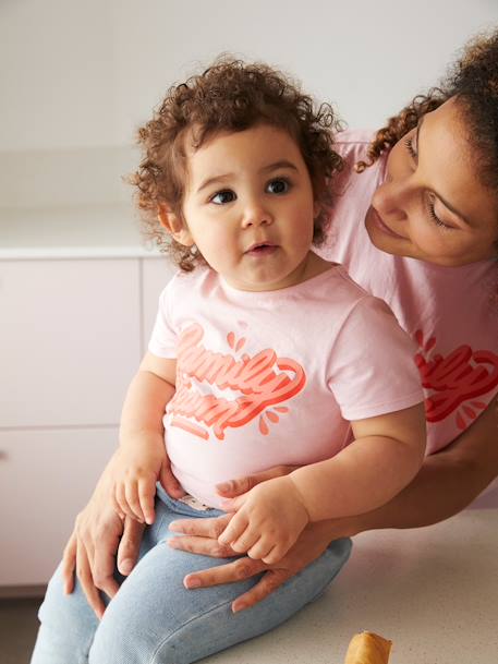 T-shirt de menina Family team, coleção cápsula da Vertbaudet e da Studio Jonesie, em algodão bio ROSA CLARO LISO COM MOTIVO 