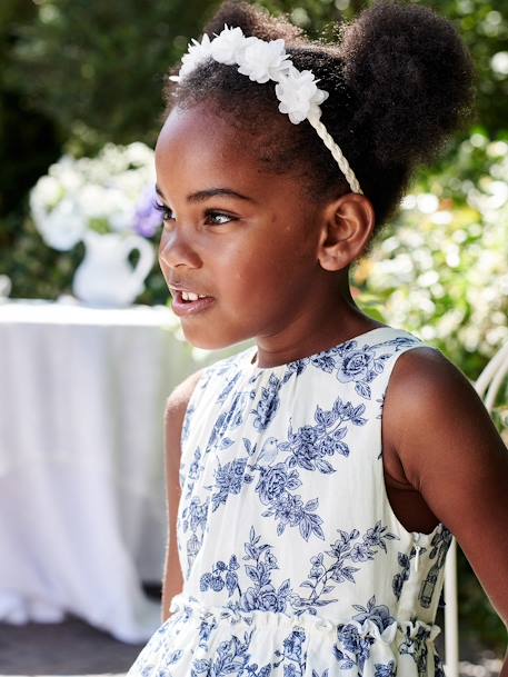 Vestido de cerimónia, às flores, laço atrás, para menina cru 