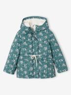 Parka com capuz, estampado às flores, forro em sherpa, para menina verde-esmeralda 