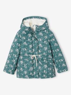 Parka com capuz, estampado às flores, forro em sherpa, para menina