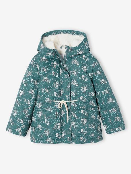 Parka com capuz, estampado às flores, forro em sherpa, para menina verde-esmeralda 