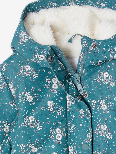 Parka com capuz, estampado às flores, forro em sherpa, para menina verde-esmeralda 