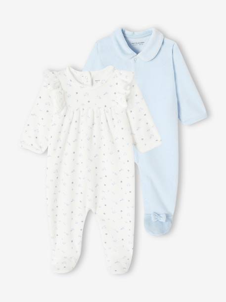 Lote de 2 pijamas, em veludo, para bebé menina azul-céu 