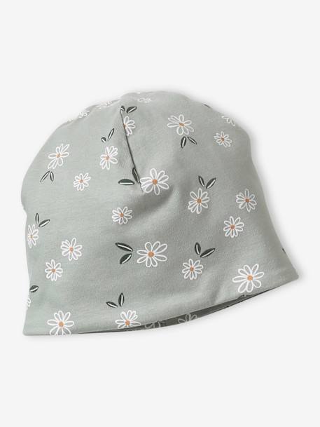 Conjunto florido, gorro + gola snood, para menina rosado+verde-acinzentado 