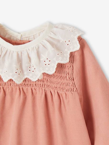 Vestido aos favos, em veludo, gola bordada amovível, para bebé rosa 