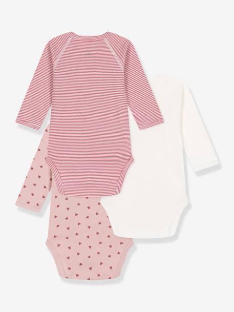 Lote de 3 bodies cruzados de mangas compridas, da Petit Bateau pau-rosa 