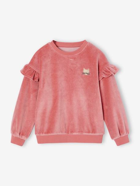 Sweat com folhos, em veludo, com gato, para menina rosa 