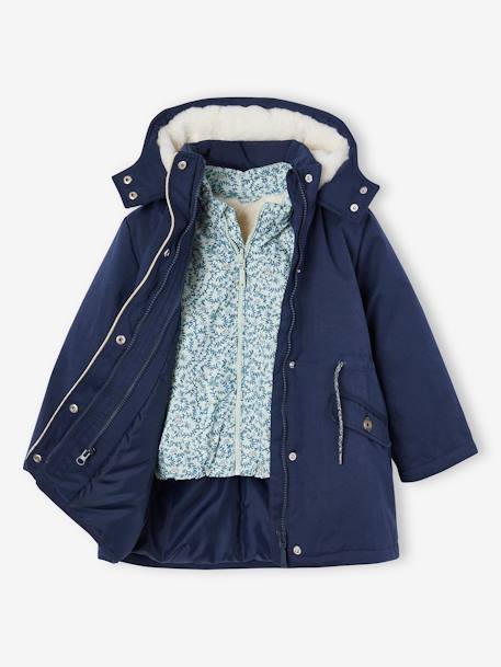 Parka 3 em 1 + colete, para menina azul-índigo+rosa-velho 