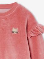 Sweat com folhos, em veludo, com gato, para menina rosa 