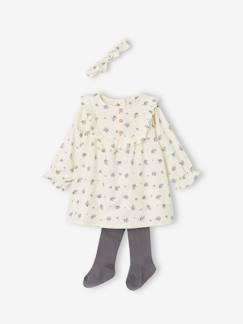 Bebé 0-36 meses-Conjunto vestido às flores com folho, fita de cabelo a condizer e collants, para bebé