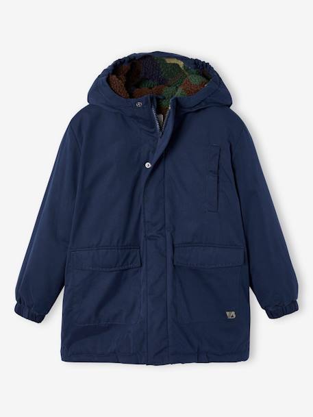 Parka com capuz, forro em sherpa com estampado camuflagem, para menino azul-noite 