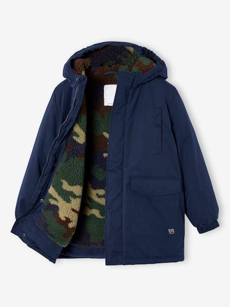 Parka com capuz, forro em sherpa com estampado camuflagem, para menino azul-noite 