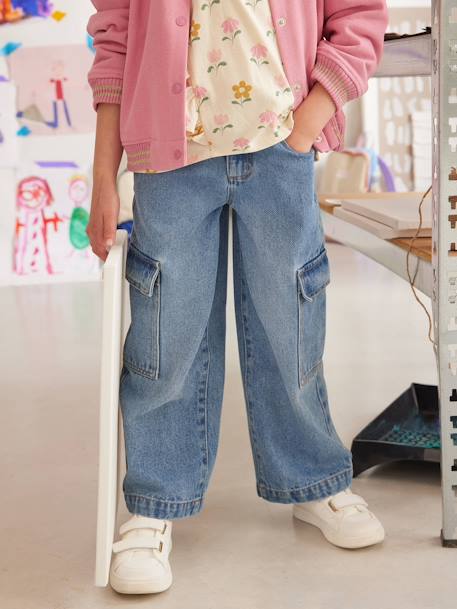 Jeans largos cargo, para menina azul medio+azul-escuro 